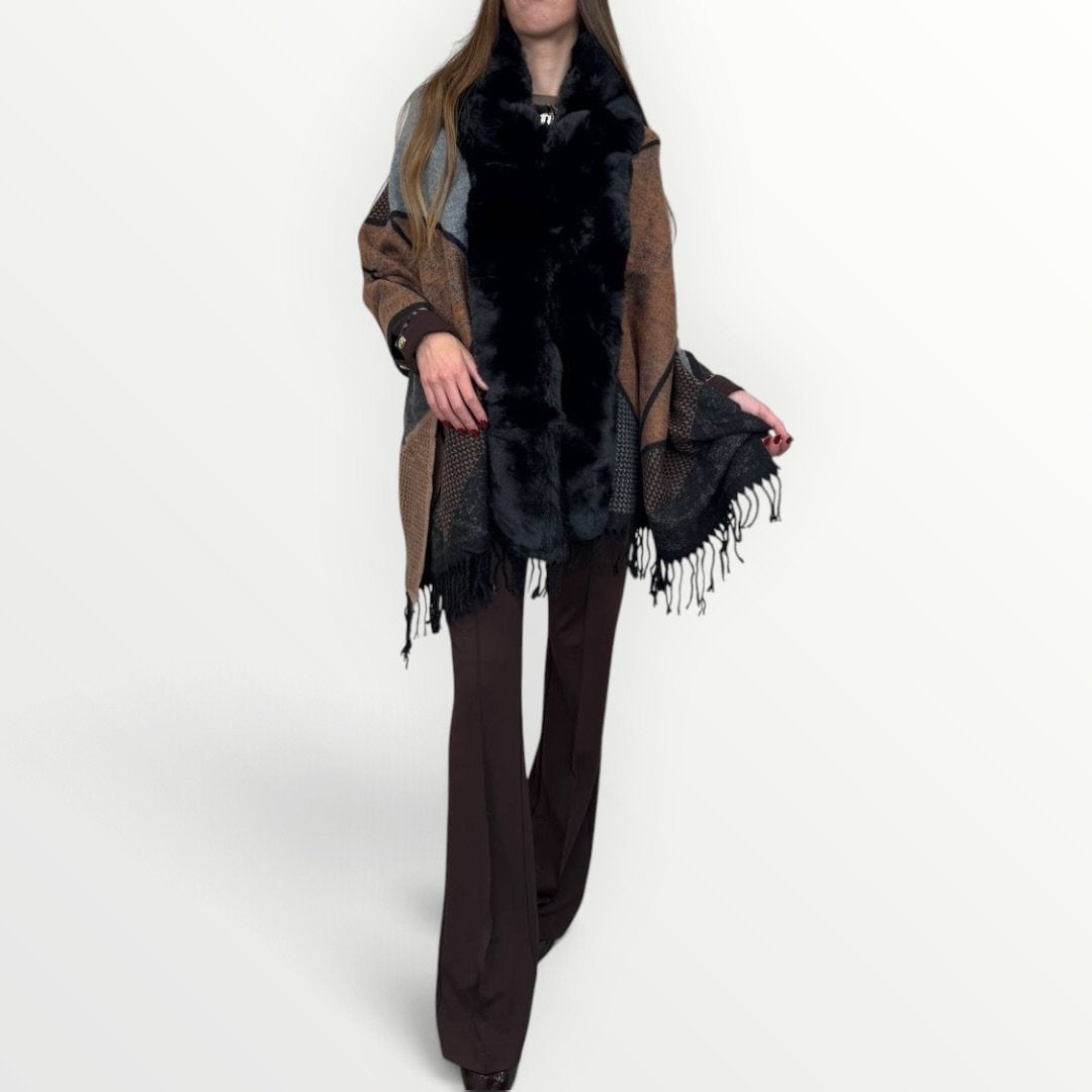 AYFEE - MANTELLA CON FRANGE ED ECO-PELLICCIA
