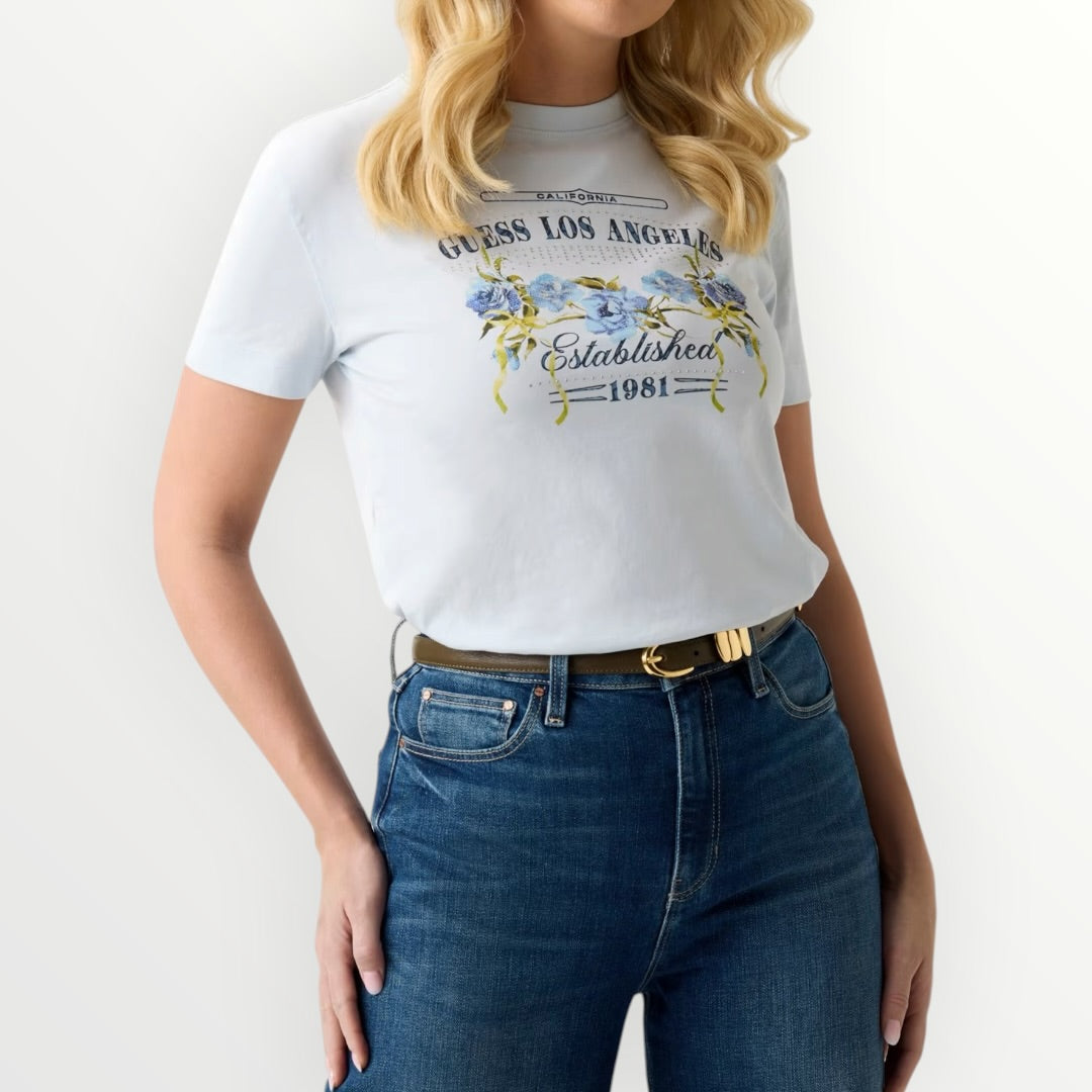 GUESS - T-SHIRT CON STAMPA E FIORI