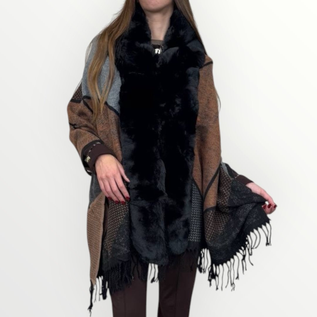 AYFEE - MANTELLA CON FRANGE ED ECO-PELLICCIA