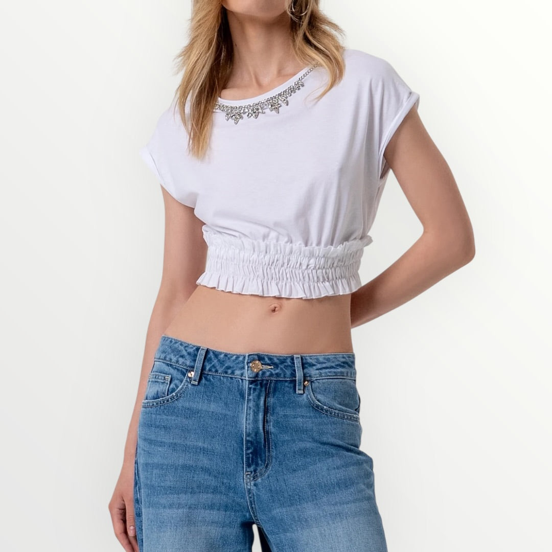 FRACOMINA - T-SHIRT CROPPED CON BRILLANTI