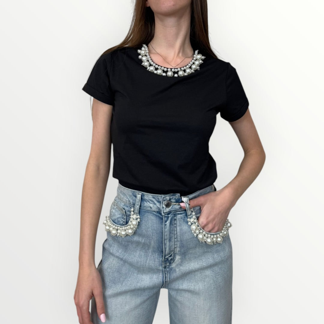 NO SECRETS - T-SHIRT GIRCOLO CON PERLE