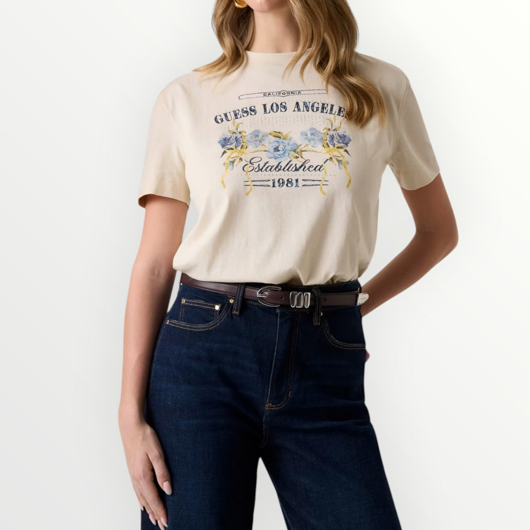 GUESS - T-SHIRT CON STAMPA E FIORI