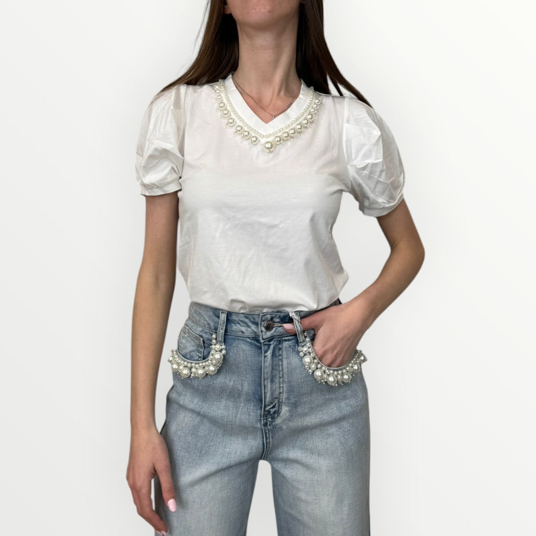 NO SECRETS - T-SHIRT MANICHE A SBUFFO E PERLE