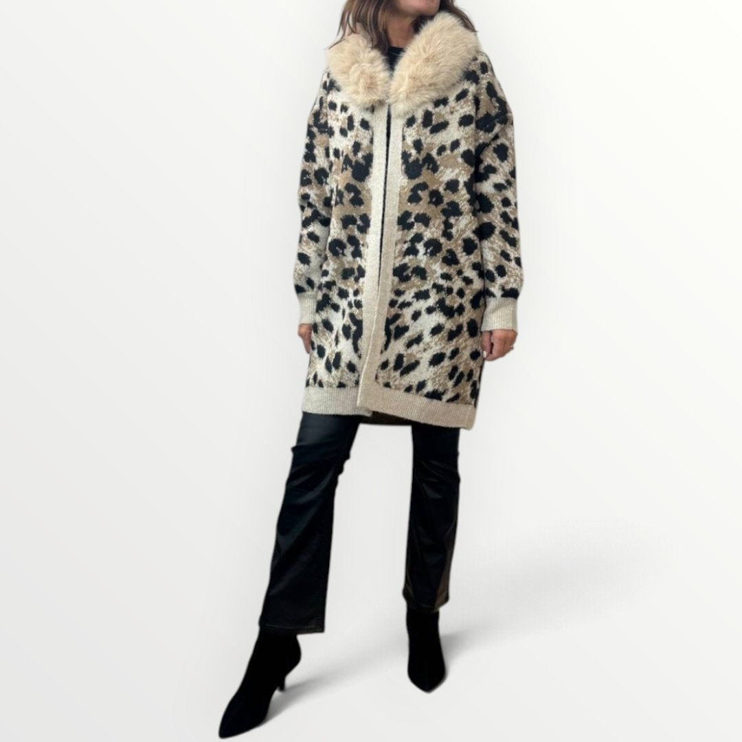AYFEE - CARDIGAN MACULATO CON COLLO IN ECO-PELLICCIA