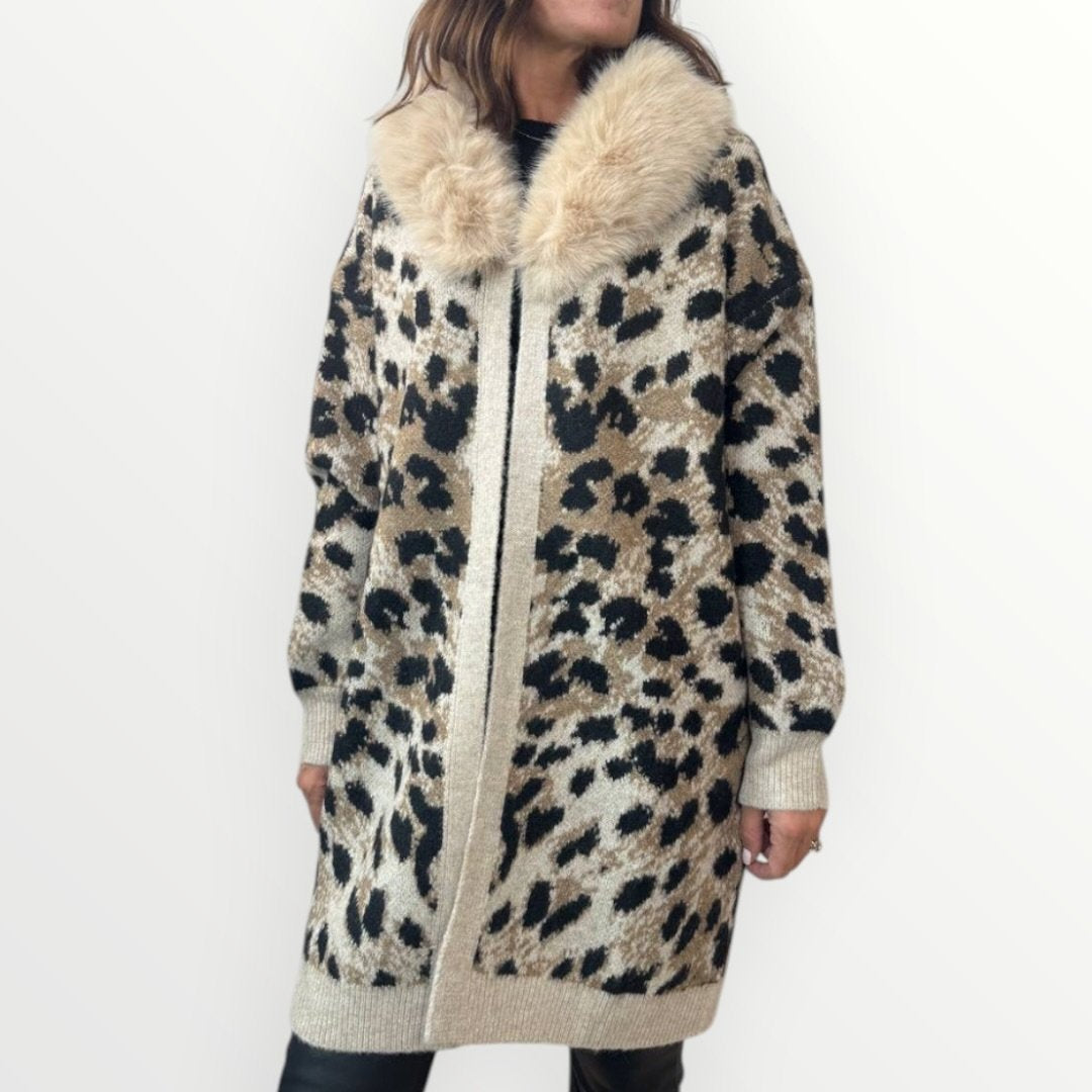AYFEE - CARDIGAN MACULATO CON COLLO IN ECO-PELLICCIA