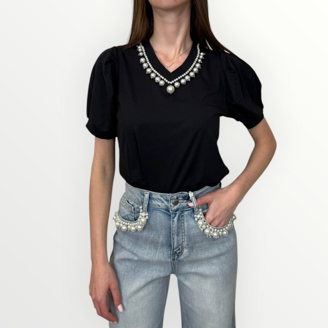 NO SECRETS - T-SHIRT MANICHE A SBUFFO E PERLE
