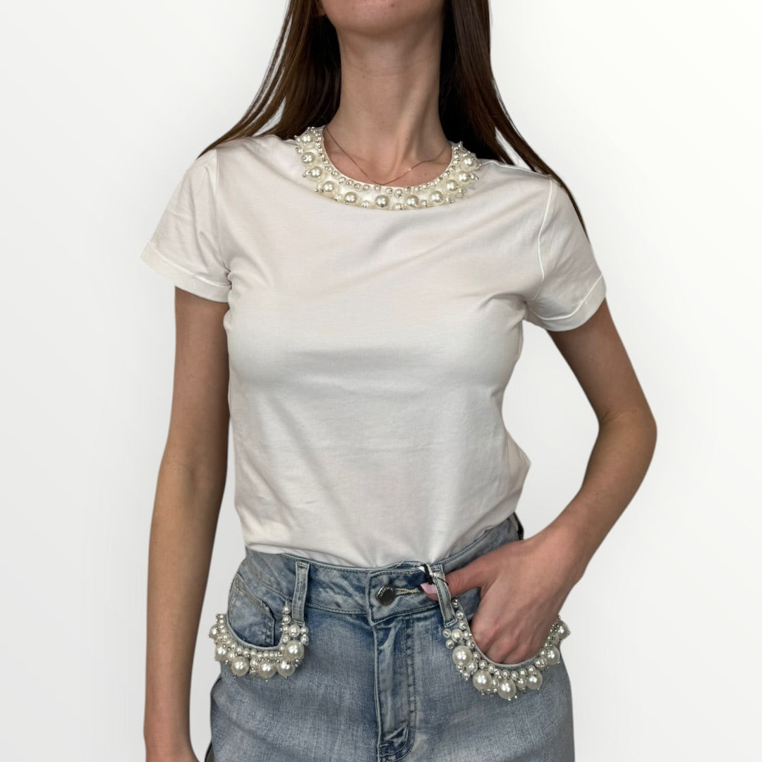 NO SECRETS - T-SHIRT GIRCOLO CON PERLE