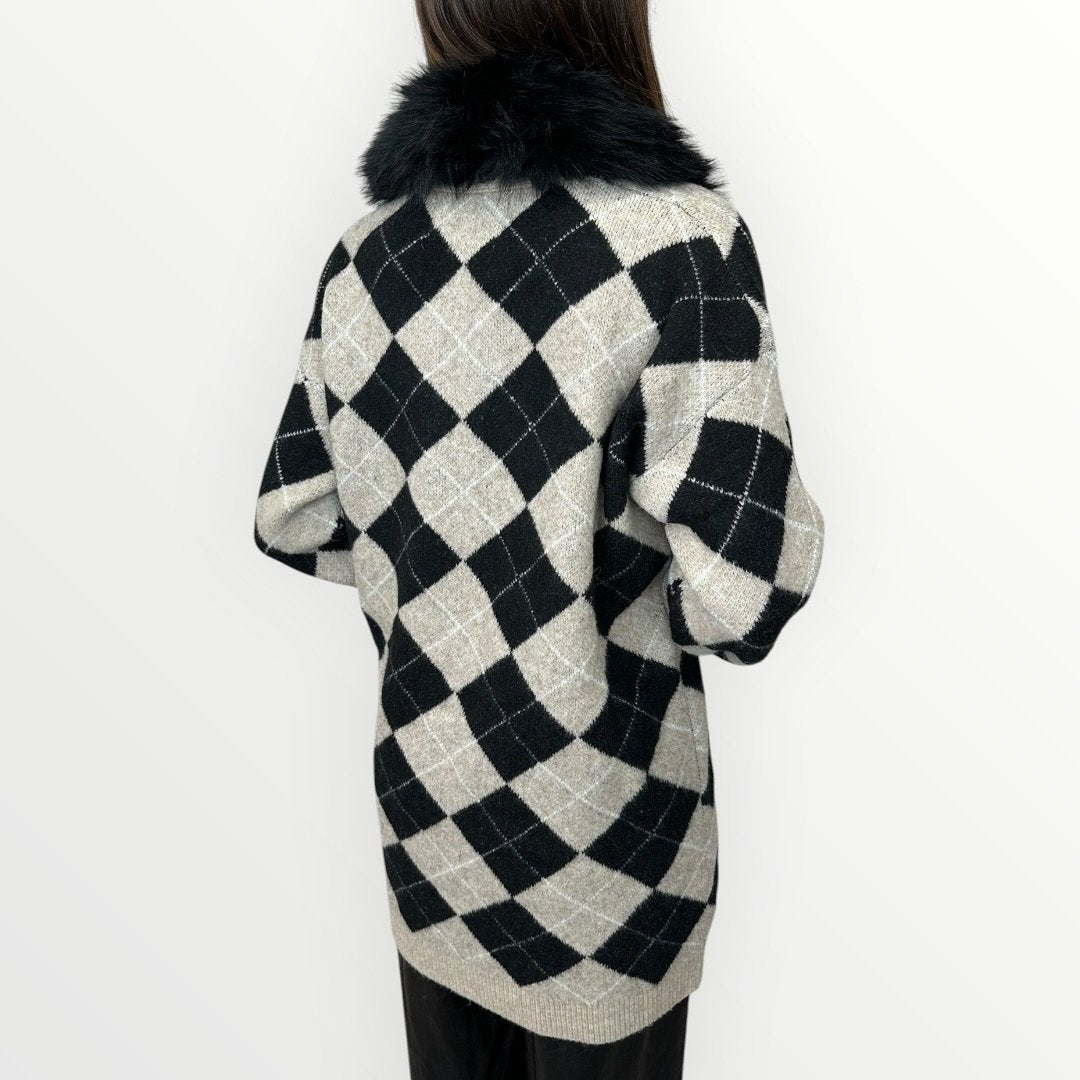 AYFEE - CARDIGAN A ROMBI CON COLLO IN ECO-PELLICCIA