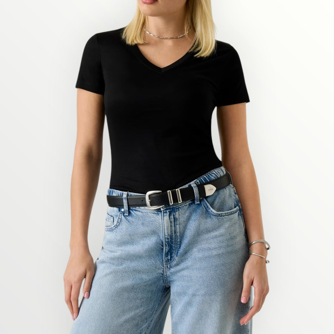 GUESS - T-SHIRT SEMPLICE CON LOGO SCOLLO A V