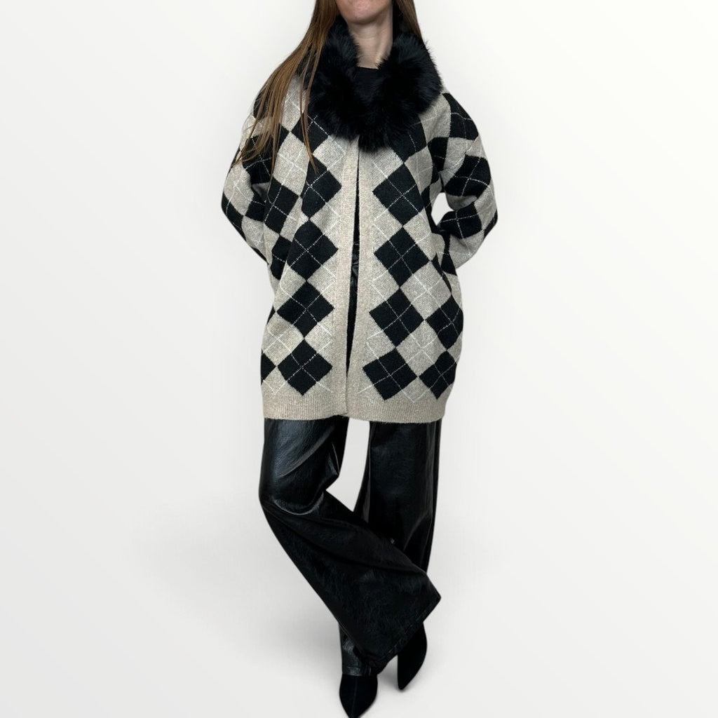 AYFEE - CARDIGAN A ROMBI CON COLLO IN ECO-PELLICCIA