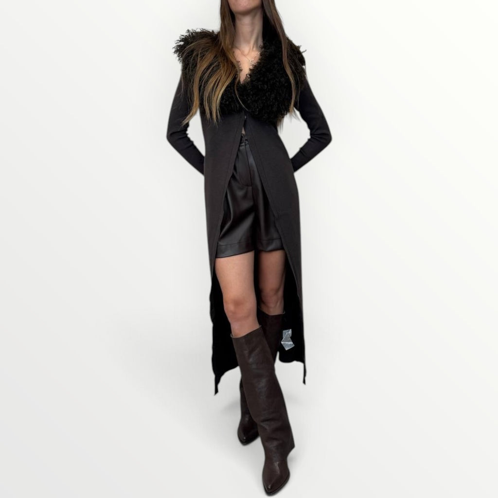 NO SECRETS - CARDIGAN CON COLLO IN ECO-PELLICCIA