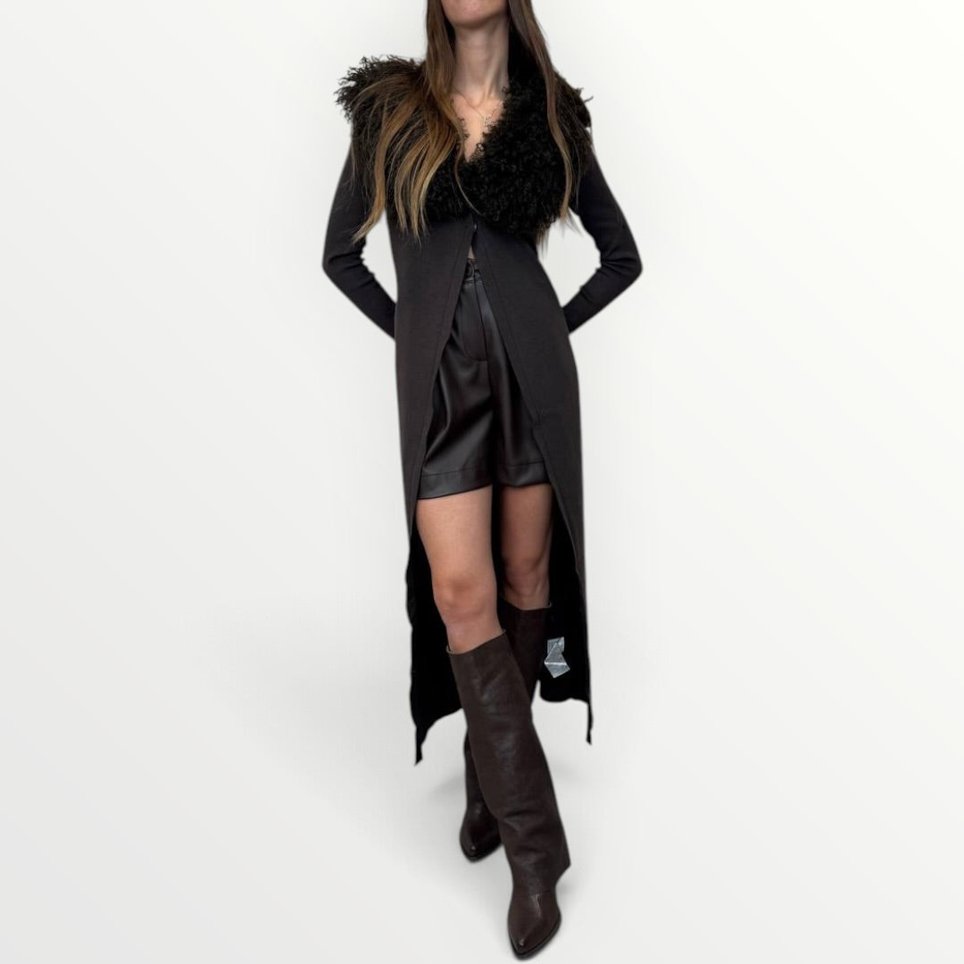 NO SECRETS - CARDIGAN CON COLLO IN ECO-PELLICCIA